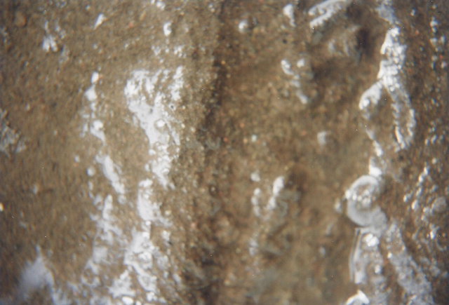 Een macrofoto van een dun laagje natte modder op een stoeptegel