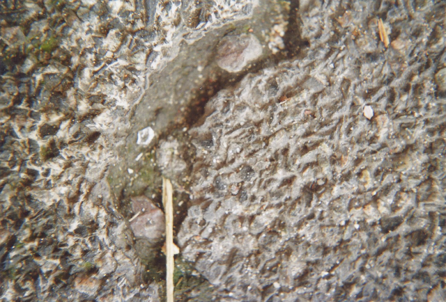 Een macrofoto van een gebarste grinttegel met water en een luciferstokje in de barst